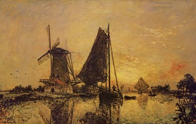 In Holland, Boats Near a Windmill by Johan Barthold Jongkind