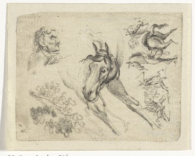Study Sheet with Horses, a Man, and a Branch by Johan Bernard Scheffer