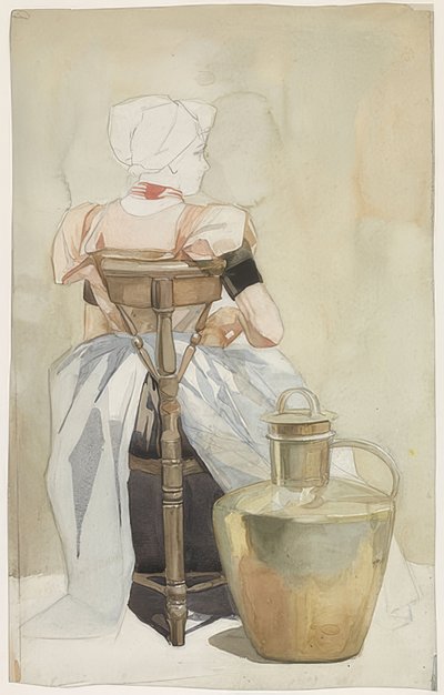 Seated Girl in Costume, Back View (Zittend meisje in klederdracht, op de rug gezien) by Johan Braakensiek
