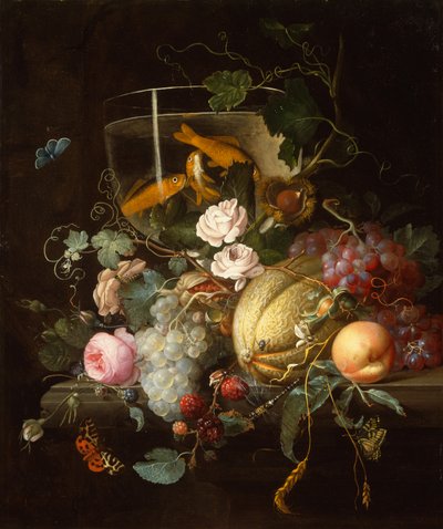A Goldfish Bowl, Roses, Fruits and Nuts with Insects on a Stone Ledge by Johan Christiaan Roedig