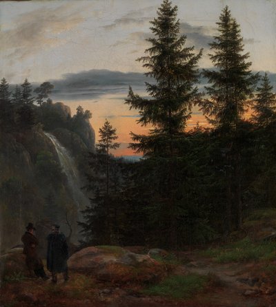 Two Men Before a Waterfall at Sunset by Johan Christian Dahl