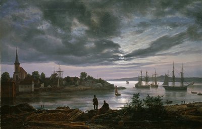 View of Larvik by Moonlight, Norway by Johan Christian Dahl