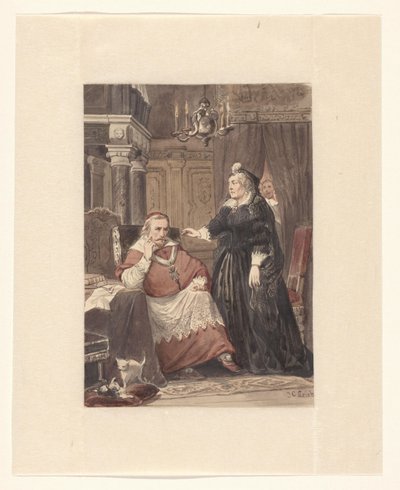Two People in an Interior, Possibly Maria de Medici and Cardinal Richelieu by Johan Coenraad Leich (signed by artist)