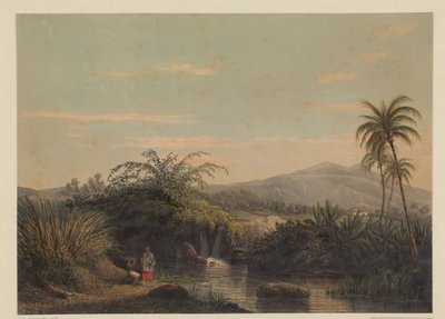 Two Figures at a Watering Place in Java (View of the Land Tjiliboet, Assistant-Residency Buitenzorg) by Johan Conrad Greive