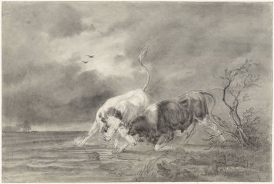 Two Fighting Bulls in a River Landscape by Johan Daniël Koelman