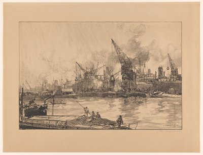 View of the Port of Rotterdam with Various Cranes by Johan Hendrik van Mastenbroek (signed by artist)