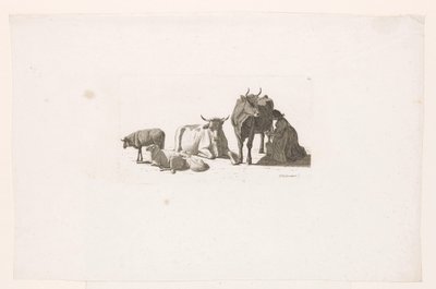 Woman Milking a Cow, with Cattle and Sheep by Johan Jakob Biedermann