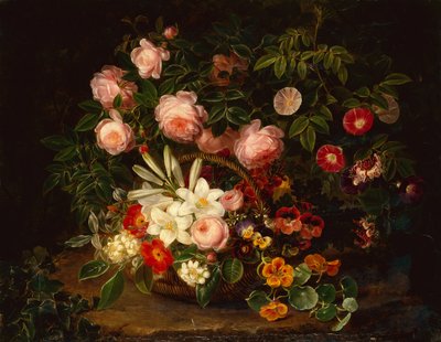 A Basket of Roses, Lilies and Pansies by a Rose Bush by Johan Laurents Jensen