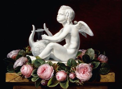 Garland of Pink Roses around Cupid playing a Lyre on a marble ledge, 1841 by Johan Laurents Jensen