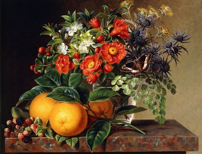 Oranges, Blackberries and a Vase of Flowers on a Ledge by Johan Laurents Jensen