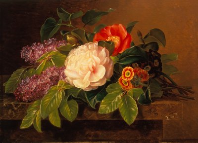 Peonies, Lilac and Primulae on a Marble Ledge by Johan Laurents Jensen
