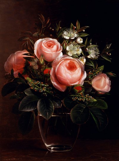 Roses and Tree Anemone in a Glass Vase. Painting by Johan Laurentz Jensen (1800-1856) Private Collection by Johan Laurents Jensen