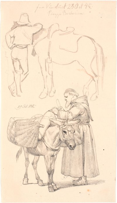 Campagnol Standing by His Horse. Below a Beggar Monk Standing by His Donkey by Johan Thomas Lundbye
