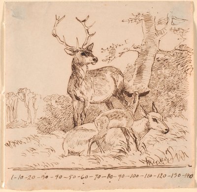 A stag, a hind, and their fawn by Johan Thomas Lundbye