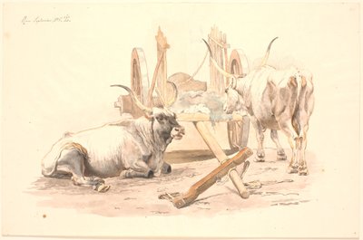 A Lying and a Standing Ox by Their Cart by Johan Thomas Lundbye