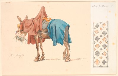 A Mule Eating Its Green Fodder. To the Right on Attached Paper a Decorative Border by Johan Thomas Lundbye
