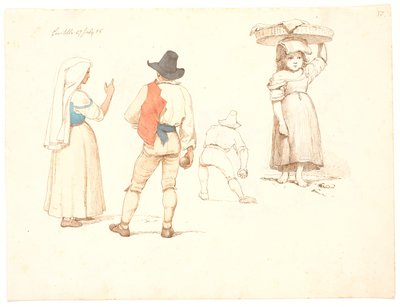 Four Figure Studies. Standing Woman and Standing Bocce Player, a Bocce Player About to Throw and Little Girl with a Basket on Her Head by Johan Thomas Lundbye