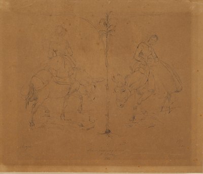 Mrs. Raffenberg Sitting on a Donkey. Two Representations Separated by a Plant Stem by Johan Thomas Lundbye