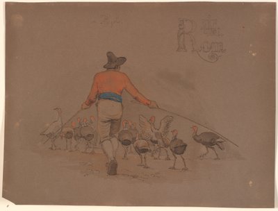 Italian driving a flock of turkeys with bamboo sticks by Johan Thomas Lundbye