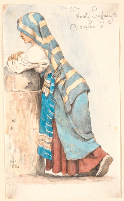 Italian Woman Leaning on a Low Stone Pillar by Johan Thomas Lundbye