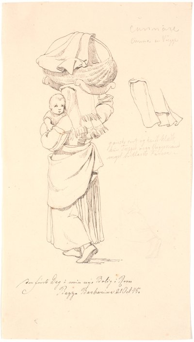 Italian Woman with Her Child on Her Arm and Its Cradle on Her Head. Right: Study of Her Headdress by Johan Thomas Lundbye