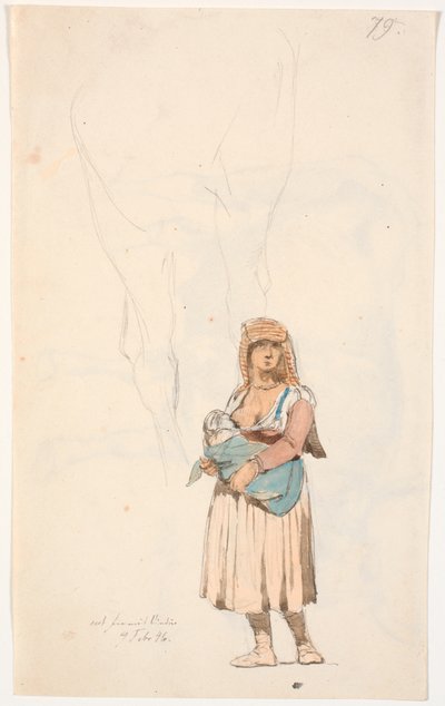 Italian Woman with Her Nursing Child, Top Pencil Study of - Probably - Horse Legs by Johan Thomas Lundbye