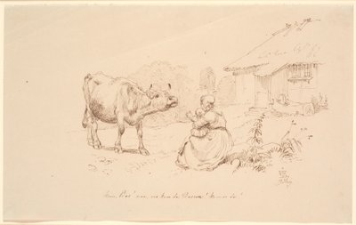 Come Cow! Outside a homestead sits a woman with a child reaching towards a cow by Johan Thomas Lundbye