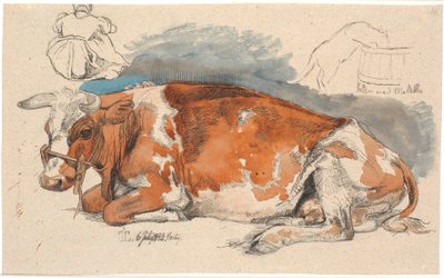 Lying Cow. Top Left a Seated Peasant Girl, Right a Cat Drinking from a Milk Thistle by Johan Thomas Lundbye