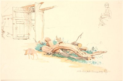 Some Tree Trunks and a Pig in Front of a Barn Door, Top Right Study of a Sitting Herdsman by Johan Thomas Lundbye