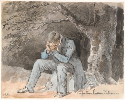 "Perfectum - Present - Future". Young Man Sitting Under a Tree on a Stone with Hands Over Face by Johan Thomas Lundbye