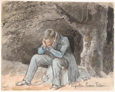 "Perfectum - Present - Future". Young Man Sitting Under a Tree on a Stone with Hands Over Face by Johan Thomas Lundbye