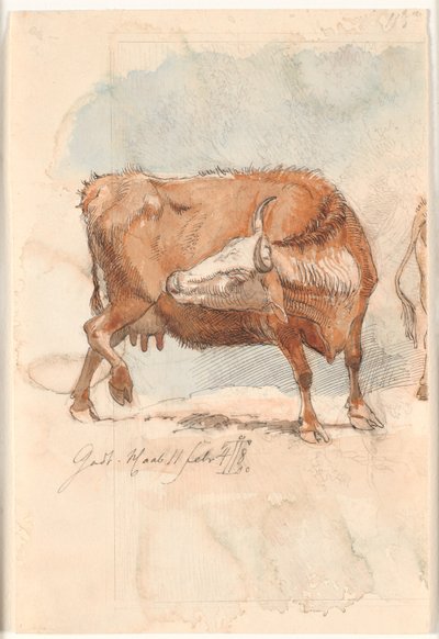 Red Cow Licking Its Right Hind Leg by Johan Thomas Lundbye