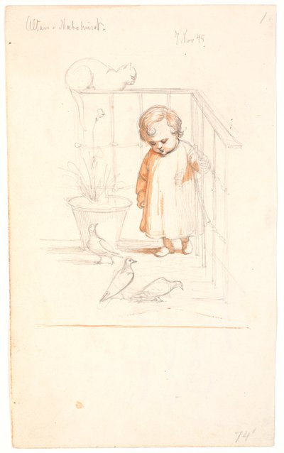 Scene on a Balcony. Little Boy Watching Some Pigeons. A Rolled-Up Cat on the Railing in the Background by Johan Thomas Lundbye