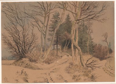 Snow-covered Roads between Spruces and Bare Trees by Johan Thomas Lundbye