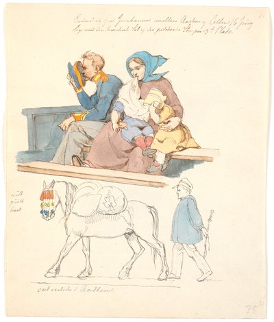 Soldier and Wife with Two Children Sitting on a Bench. Nearby a Horse with Luggage Followed by a Man by Johan Thomas Lundbye