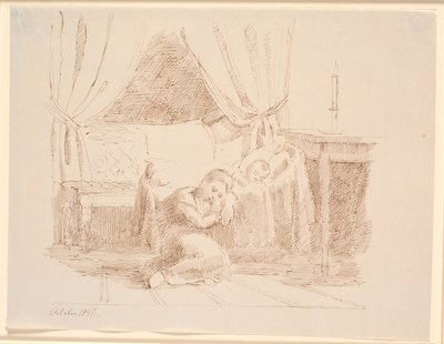 Bedroom Interior with a Little Girl Sleeping on the Floor, Leaning Against a Cradle with a Sleeping Child by Johan Thomas Lundbye
