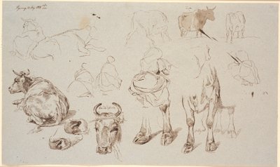 Study Sheet from Vognserup. Studies of Cows Above, 4 Studies of Milkmaids Seen from the Back in the Middle by Johan Thomas Lundbye