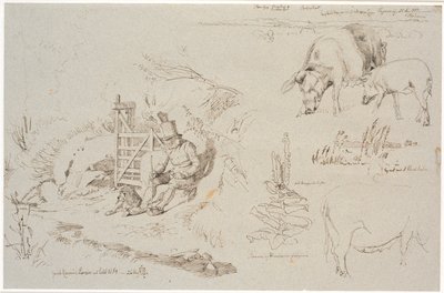 Study Sheet from Vognserup. Left: a shepherd (old Rasmus Larsen) sitting with a dog by a gate. Front: a landscape study with place names. Below: two pigs. Right: study of reeds in a lake. Below: a mullein plant and study of a sow by Johan Thomas Lundbye