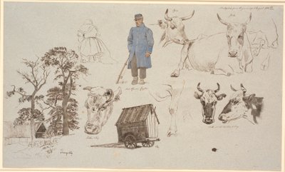 Study Sheet from the Milking Place at Vognserup. Studies of Cows. Left: Farmhouse Behind Three Tall Trees, Center: Seated Milkmaid with Her Back Turned and a Standing Herdsman. Right: A Herdsman