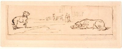 Two dogs on a street. In the background a horse-drawn carriage and two pedestrians by Johan Thomas Lundbye