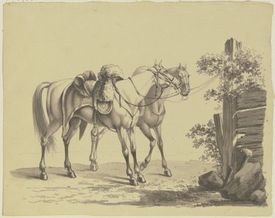 Two Saddled Military Horses Tied to a Post by Johann Adam Klein