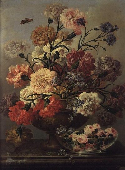 Carnations and Forget-Me-Nots with Roses in a Glass Bowl by Johann Baptist Drechsler