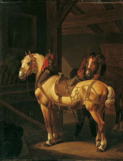 Two Draft Horses in the Stable by Johann Baptist Michael Dallinger von Dalling