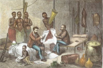 Dr. David Livingstone and Mr. Henry Morton Stanley Receiving Newspapers in Central Africa, engraved by Pearson by Johann Baptist Zweecker