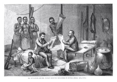 Dr. David Livingstone (1813-73) and Mr. Henry Morton Stanley (1841-1904) Receiving Newspapers in Central Africa, engraved by Pearson by Johann Baptist Zweecker