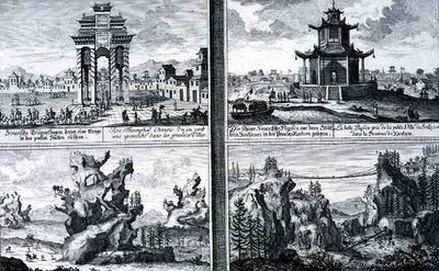 Four Views showing a Chinese Triumphal Arch, a Pagoda at Sinkicien in the Province of Xantum, Artificial Mountains and Caves and a Chain Bridge near the town of Kingtung, China by Johann Bernhard (after) Fischer von Erlach