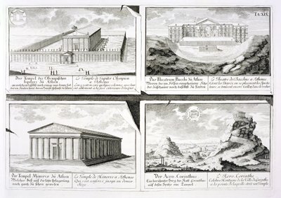 Views of four Classical Buildings: The Temple of Olympian Zeus, the Theatre of Dionysus in Athens, the Temple of Athena in Athens and a Temple in Corinth, from Entwurf einer historischen Architektur by Johann Bernhard Fischer von Erlach