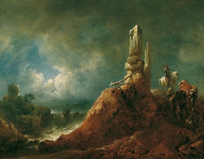 Landscape with Ruin and Rider by Moonlight by Johann Christian Brand