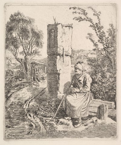 An Old Lady Sitting Near a Pillar at Side of Road, 1819 by Johann Christian Erhard