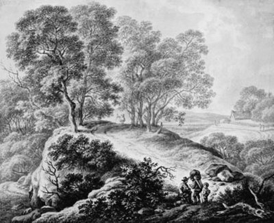 Landscape with Figures and Road Between Tall Trees by Johann Christian Klengel
